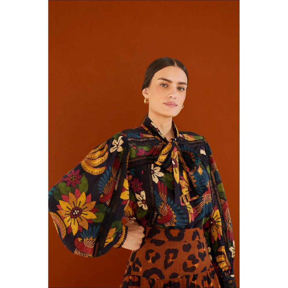 Farm Rio Macaw Ballet Blouse XL Ladder-Stitch Neck-Tie Floral Tropical Print